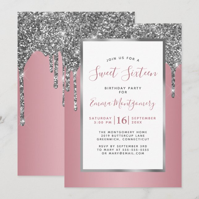 Silver Glitter Rose Gold Sweet 16 Birthday Party Invitation (Front/Back)
