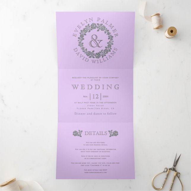 Silver glitter rose wreath lavender wedding  Tri-Fold invitation (Inside)