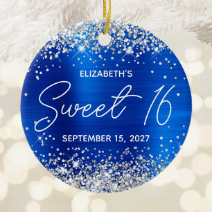 Silver Glitter Royal Blue Fancy Sweet 16 Photo Ceramic Ornament