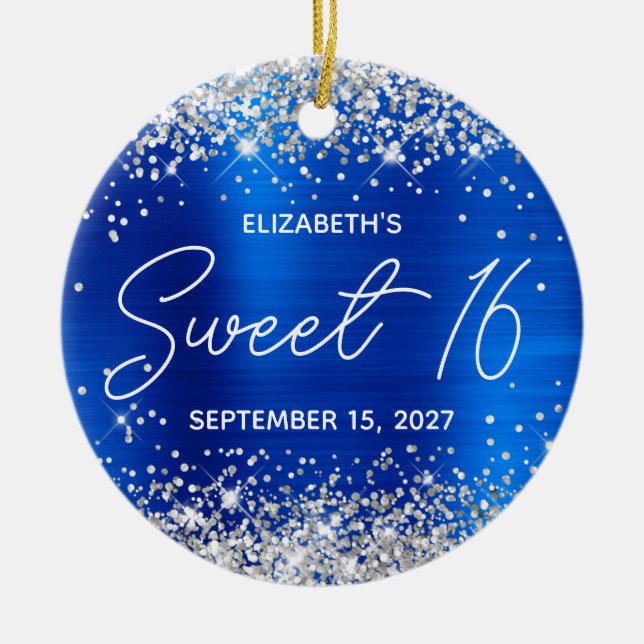 Silver Glitter Royal Blue Fancy Sweet 16 Photo Ceramic Ornament (Front)