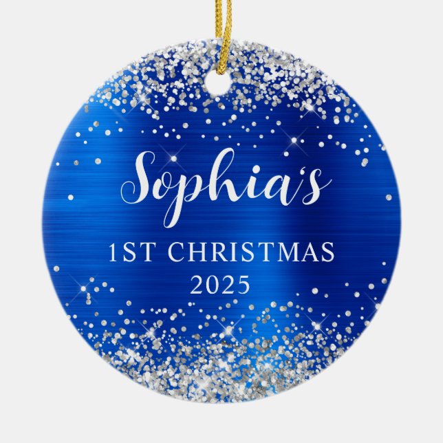 Silver Glitter Royal Blue Foil 1st Christmas Photo Ceramic Ornament (Front)