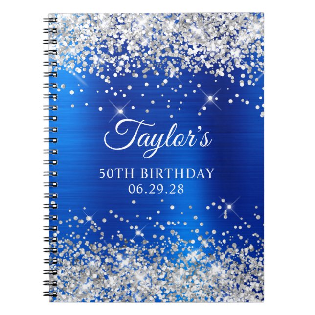 Silver Glitter Royal Blue Foil 50th Birthday Guest Notebook (Front)