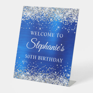 Silver Glitter Royal Blue Foil 50th Birthday Pedestal Sign
