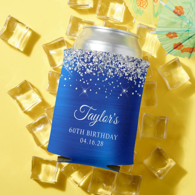 Silver Glitter Royal Blue Foil 60th Birthday Can Cooler (In Situ Summer)