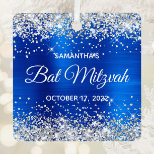 Silver Glitter Royal Blue Foil Bat Mitzvah Metal Ornament