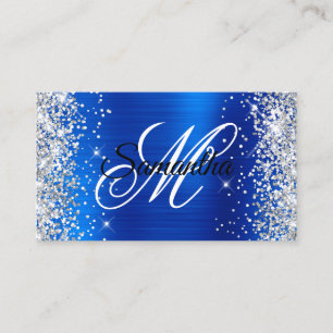 Silver Glitter Royal Blue Foil Fancy Monogram Business Card
