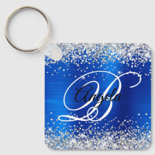 Silver Glitter Royal Blue Foil Fancy Monogram Keychain