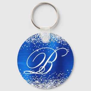 Silver Glitter Royal Blue Foil Fancy Monogram Keychain