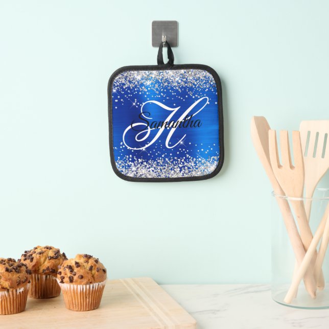 Silver Glitter Royal Blue Foil Fancy Monogram Pot Holder (Insitu(Hanging))