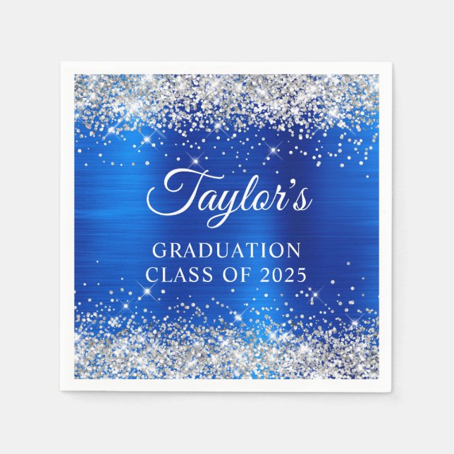 Silver Glitter Royal Blue Foil Graduation Napkin (Front)