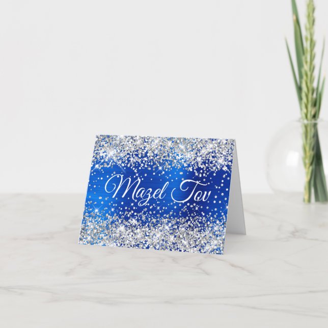 Silver Glitter Royal Blue Foil Mazel Tov Card (Front)