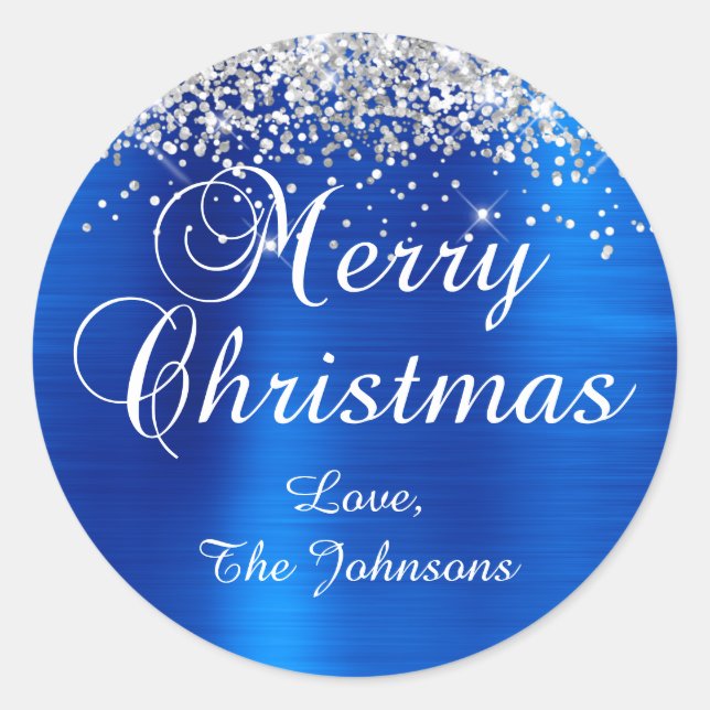 Silver Glitter Royal Blue Foil Merry Christmas Classic Round Sticker (Front)
