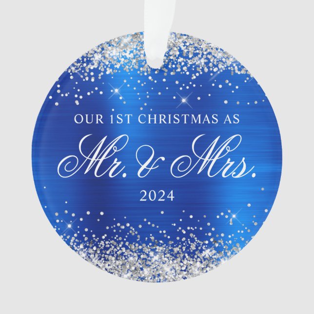 Silver Glitter Royal Blue Foil Our 1st Christmas Ornament (Front)