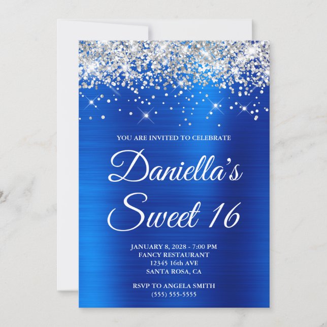 Silver Glitter Royal Blue Foil Sweet 16 Invitation (Front)
