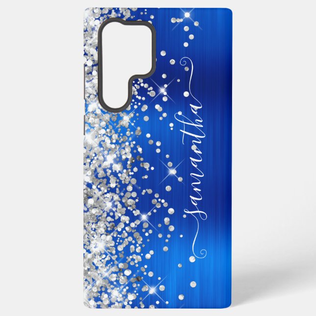 Silver Glitter Royal Blue Girly Signature Samsung Galaxy S22 Ultra Case (Back)