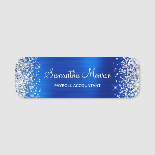Silver Glitter Royal Blue Metallic Name Tag (Front)