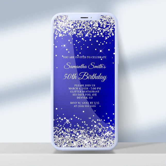 Silver Glitter Royal Blue Satin 50th Birthday Invitation (Creator Uploaded)