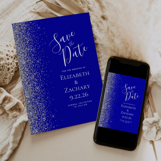Silver Glitter Royal Blue Save the Date Announcement (Creator Uploaded)