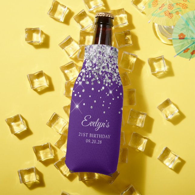 Silver Glitter Royal Purple 21st Birthday Bottle Cooler (In Situ Summer)