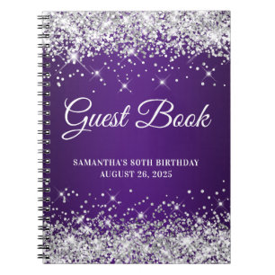 Silver Glitter Royal Purple 80th Bday Guestbook Notebook