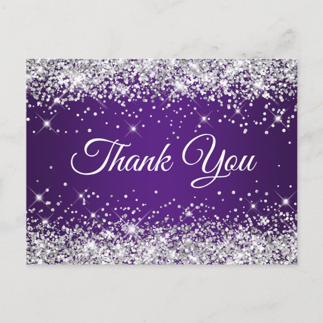 Silver Glitter Royal Purple Birthday Thank You Postcard (Front)