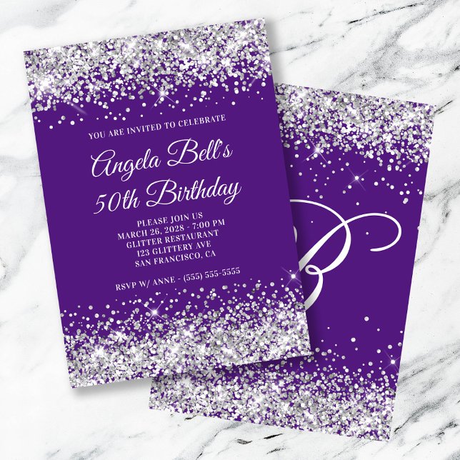Silver Glitter Royal Purple Monogram 50th Birthday Invitation (Silver Glitter Royal Purple Monogram 50th Birthday Invitation)