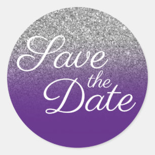 Silver Glitter Royal Purple Ombre Save the Date Classic Round Sticker