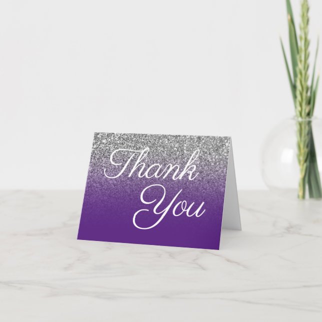 Silver Glitter Royal Purple Ombre Thank You Card (Front)