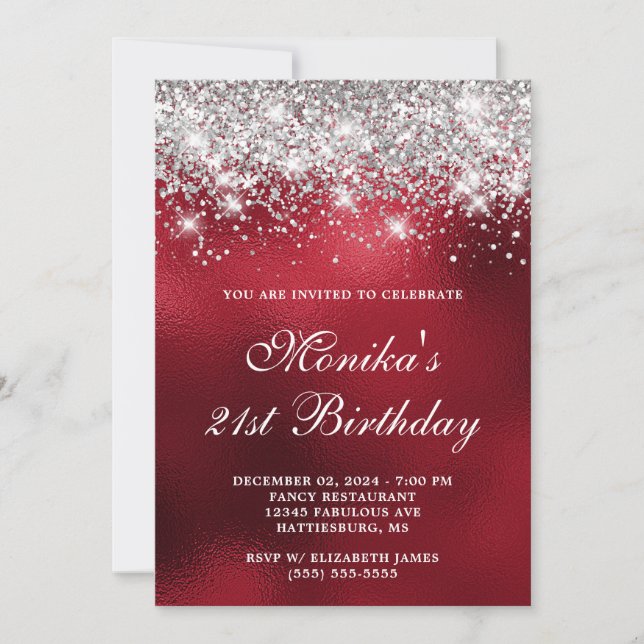Silver Glitter Royal Red Ombre Bold 21st Birthday  Invitation (Front)