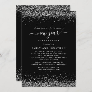 Silver Glitter Script Black New Years Eve Party Invitation