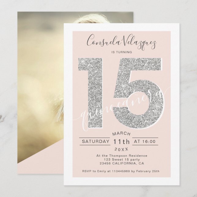 Silver glitter script blush quinceanera photo invitation (Front/Back)
