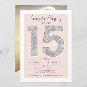 Silver glitter script blush quinceanera photo invitation