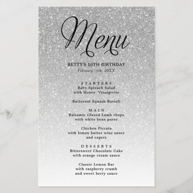 Silver Glitter Script Heading Party Menu (Front)