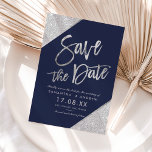 Silver glitter script navy blue save the date<br><div class="desc">Silver typography on customizable navy blue silver glitter colour block,  and faux silver geometric stripes chic save the date wedding ,  perfect for elegant,  stylish wedding, </div>