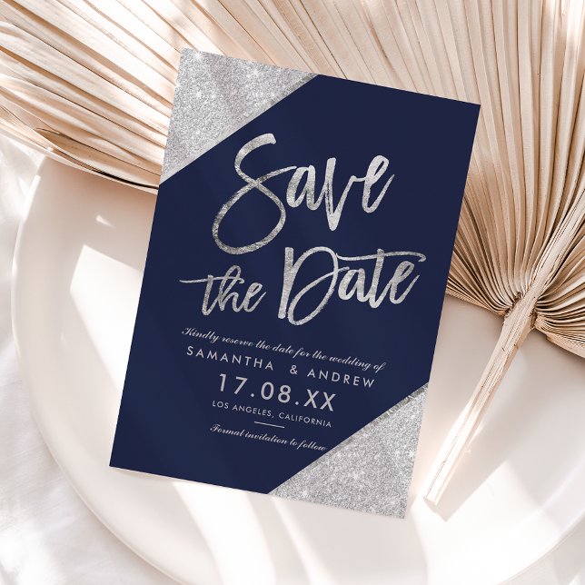 Silver glitter script navy blue save the date announcement postcard (Creator Uploaded)