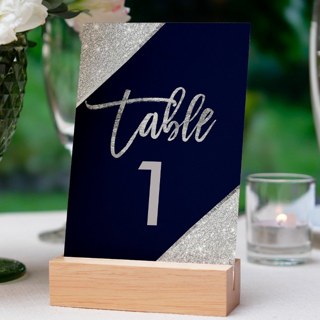 Silver glitter script navy blue table number (Creator Uploaded)