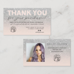 SIlver glitter script photo logo thank you Business Card