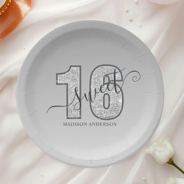Silver Glitter Script Sweet 16 Paper Plate (Creator Uploaded)