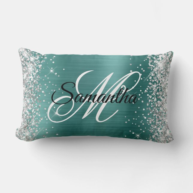 Silver Glitter Shiny Aqua Teal Foil Fancy Monogram Lumbar Pillow (Front)