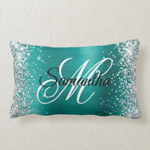Silver Glitter Shiny Aqua Teal Foil Fancy Monogram Lumbar Pillow