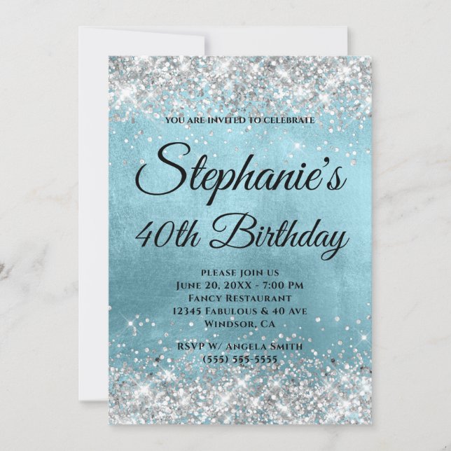 Silver Glitter Shiny Blue Foil Fancy Monogram Invitation (Front)