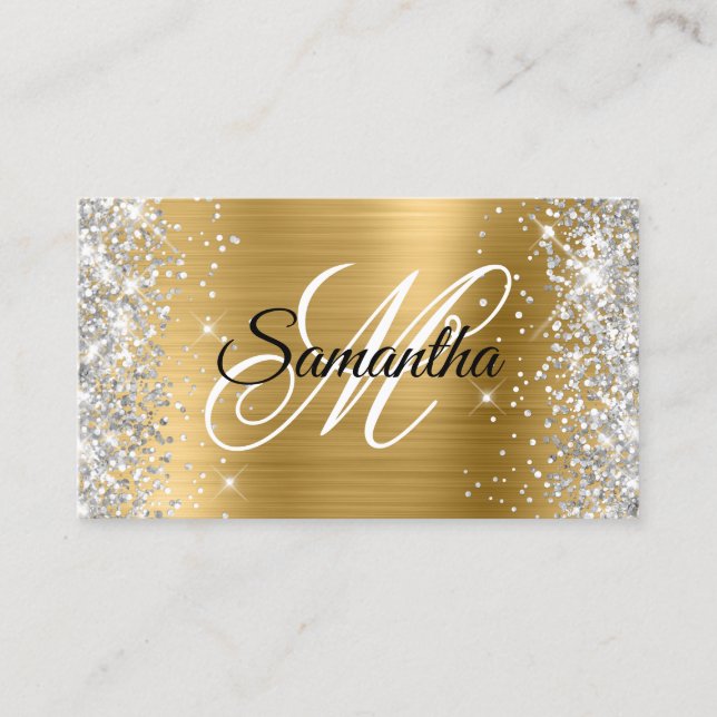 Silver Glitter Shiny Gold Foil Fancy Monogram Business Card (Front)