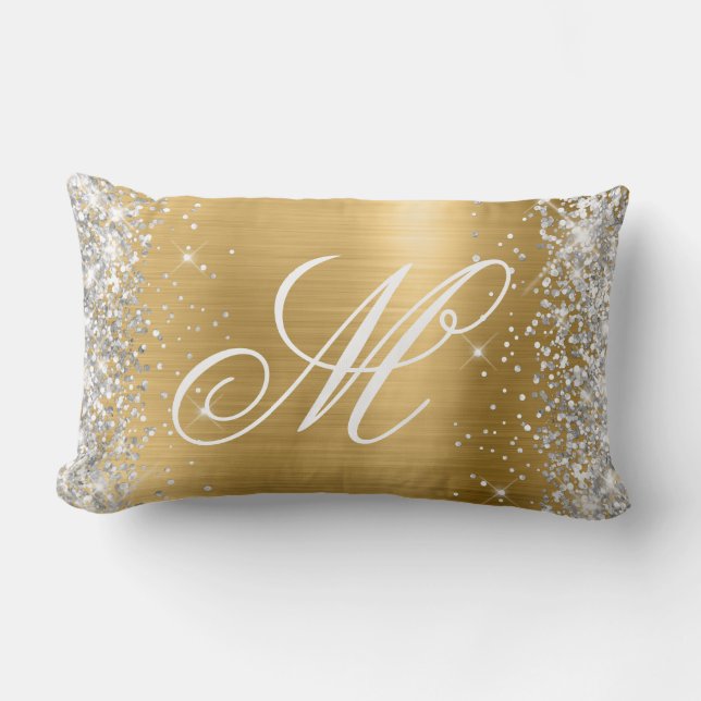 Silver Glitter Shiny Gold Foil Fancy Monogrammed Lumbar Pillow (Front)