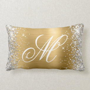Silver Glitter Shiny Gold Foil Fancy Monogrammed Lumbar Pillow