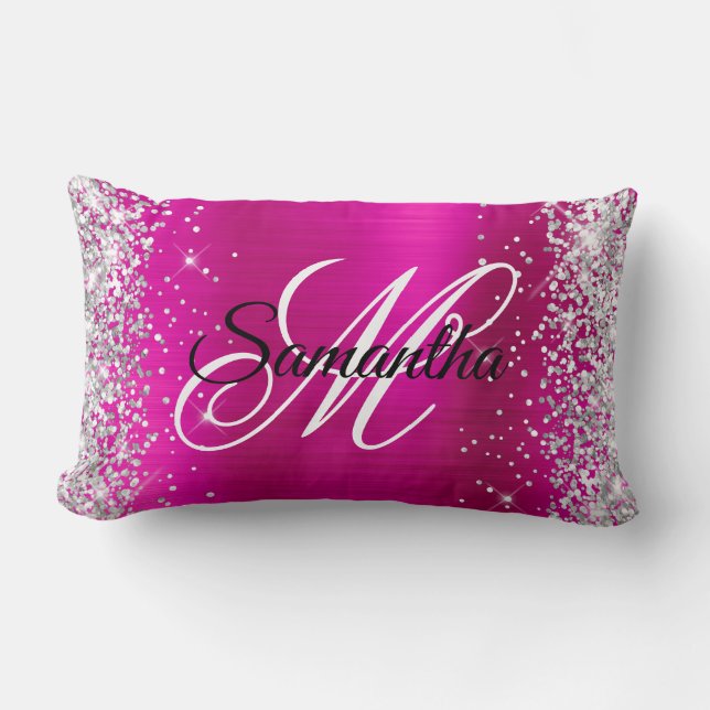 Silver Glitter Shiny Hot Pink Foil Fancy Monogram Lumbar Pillow (Front)