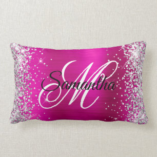 Silver Glitter Shiny Hot Pink Foil Fancy Monogram Lumbar Pillow