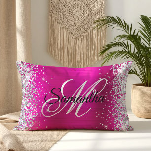 Silver Glitter Shiny Hot Pink Foil Fancy Monogram Lumbar Pillow