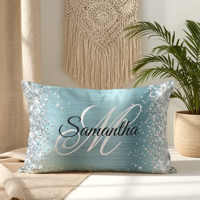 Silver Glitter Shiny Light Blue Foil Monogram Lumbar Pillow (Silver Glitter Shiny Light Blue Foil Monogram Lumbar Pillow)