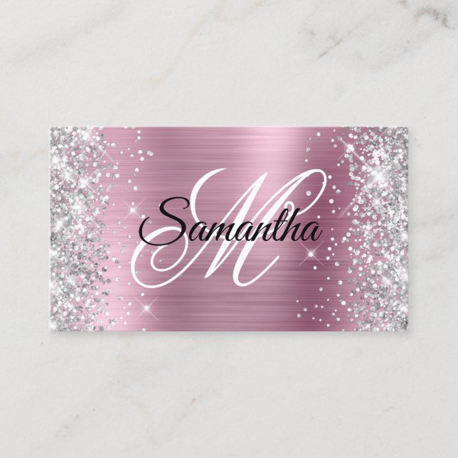 Silver Glitter Shiny Pink Foil Fancy Monogram Business Card (Front)