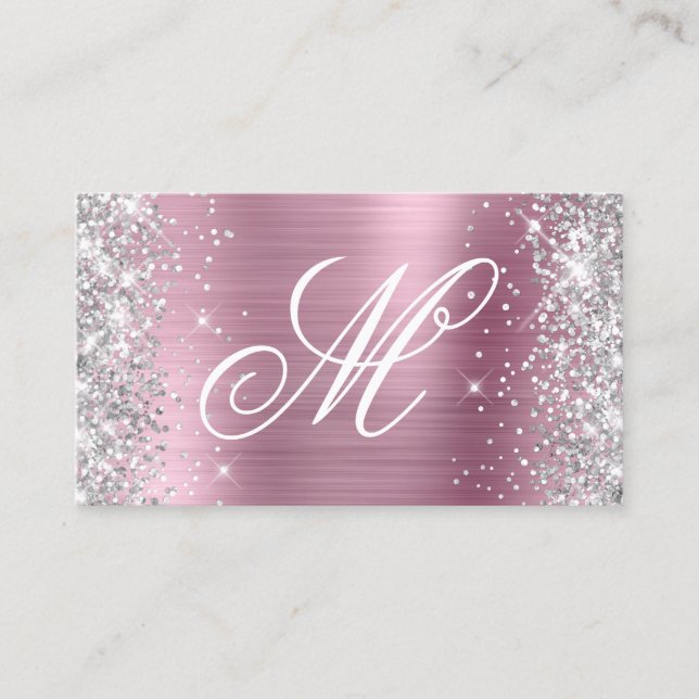 Silver Glitter Shiny Pink Foil Fancy Monogrammed Business Card (Front)